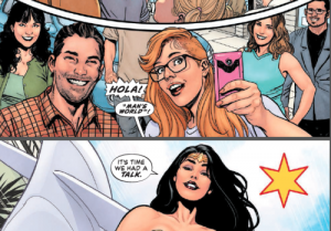 Image: Various DC staffers, including Eddie Berganza, in the top panel. In the bottom panel, Wonder Woman, saying "Hola! Man's world... it's time we had a talk"