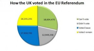 Pie chart labelled "How the UK voted in the EU referendum", showing figures of 18,604,470 for "can't vote", 17,410,472 for "voted Leave", 16,141,241 for "voted Remain", and 12,949,258 for "didn't vote".