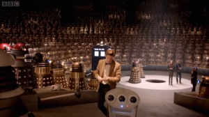 All the different types of Daleks, putting aside their mutual psychopathic hatred of each other for their slight differences in order to celebrate democracy. A beautiful, heartwarming, sight.