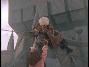 Actually the more realistic of the two times the third Doctor has to pull Sarah Jane up from a precipice in this story