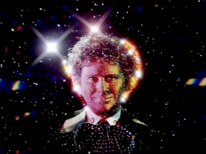 The opening titles to Colin Baker's season of Doctor Who, showing Baker's face on a starfield