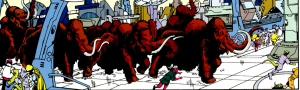 Mammoths run through a futuristic city, with panicked onlookers running away